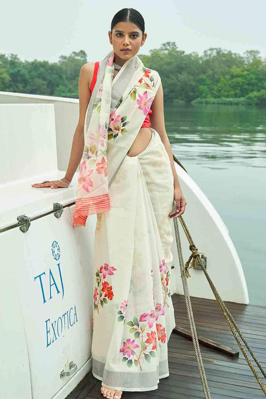 Cotton - Linen Saree Chiffon White Digital Printed Cotton - Linen Saree saree online
