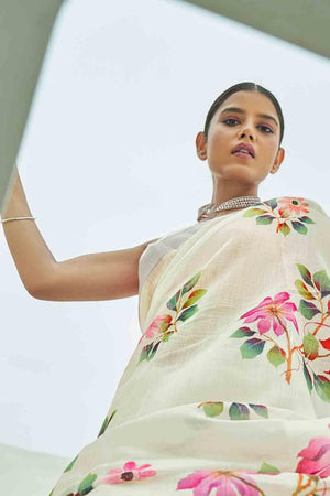 Chiffon White Digital Printed Cotton Linen Blend Saree