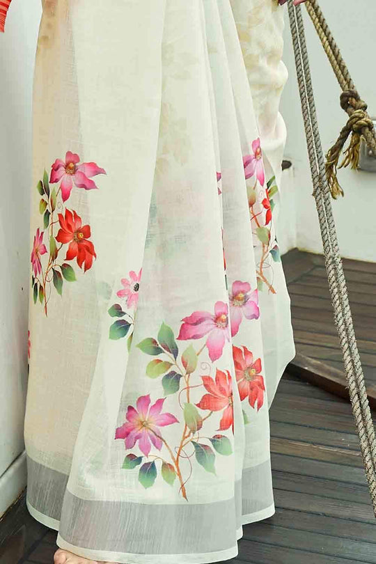 Cotton - Linen Saree Chiffon White Digital Printed Cotton - Linen Saree saree online