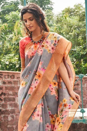 Cloud Gray Cotton Linen Blend Saree
