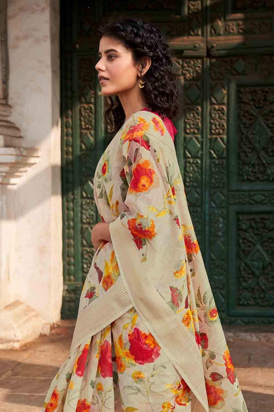 Cotton Linen Saree Cream White Cotton Linen Saree saree online