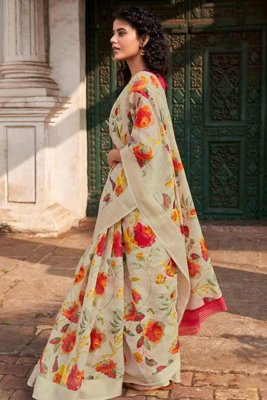 Cotton - Linen Saree Cream White Cotton - Linen Saree saree online