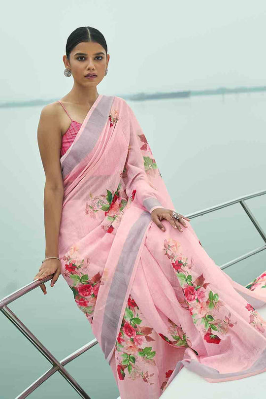 Crepe Pink Digital Printed Cotton Linen Blend Saree