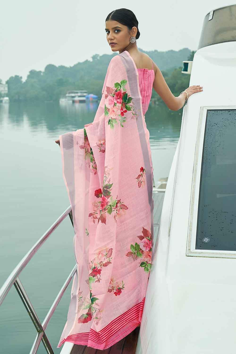 Cotton - Linen Saree Crepe Pink Digital Printed Cotton - Linen Saree saree online