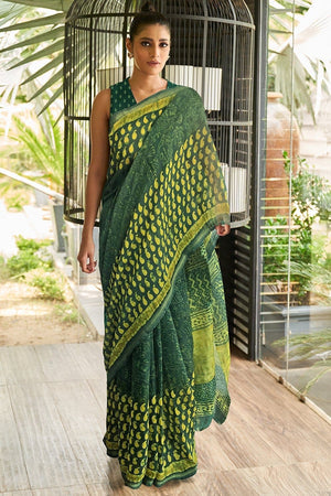 Dark Green Cotton Linen Blend Saree