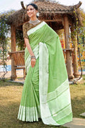 Emerald Green Cotton Linen Saree