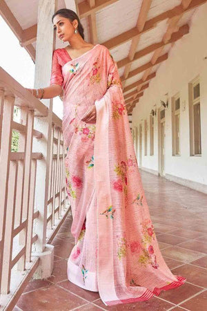Flamingo Pink Cotton Linen Blend Saree