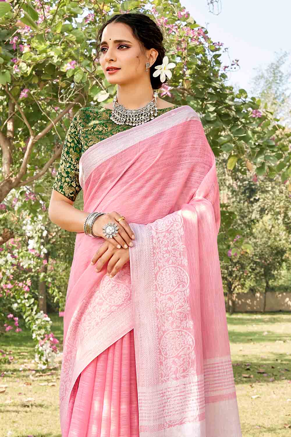 Buy Flamingo Pink Cotton Linen Saree online Karagiri