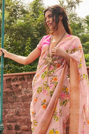 Flamingo Pink Cotton Linen Blend Saree