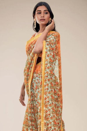 Floral White Cotton Linen Blend Saree