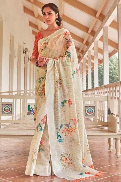 Cotton - Linen Saree Ivory White Cotton - Linen Saree saree online
