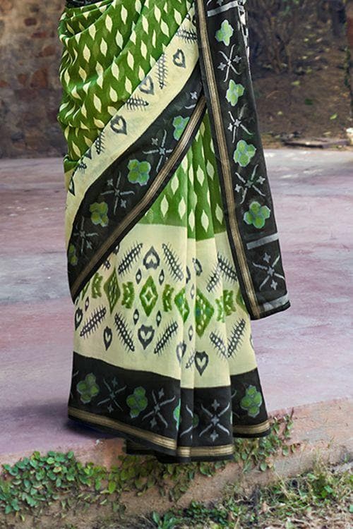 Cotton - Linen Saree Kelly Green Zari Woven Cotton Linen Saree saree online