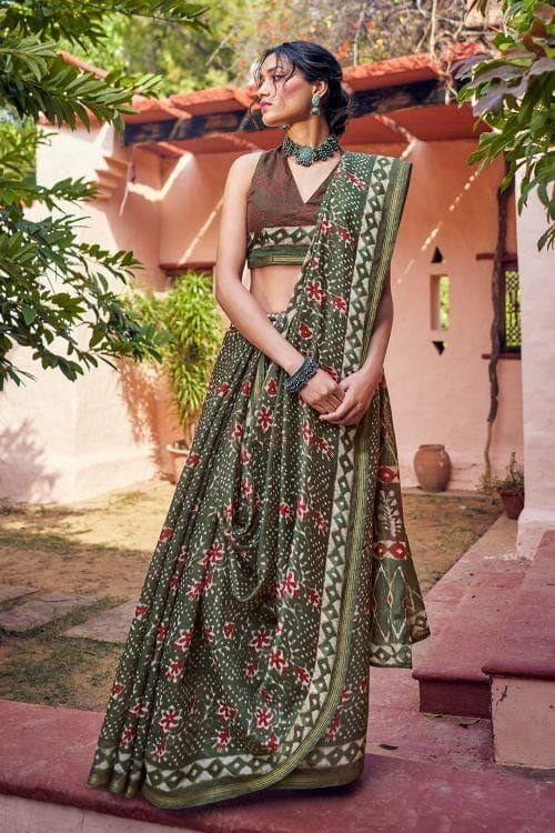 Cotton - Linen Saree Khaki Green Zari Woven Cotton Linen Saree saree online