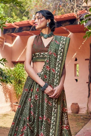 Khaki Green Zari Woven Cotton Linen Saree