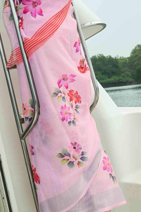 Cotton - Linen Saree Lemonade Pink Digital Printed Cotton - Linen Saree saree online