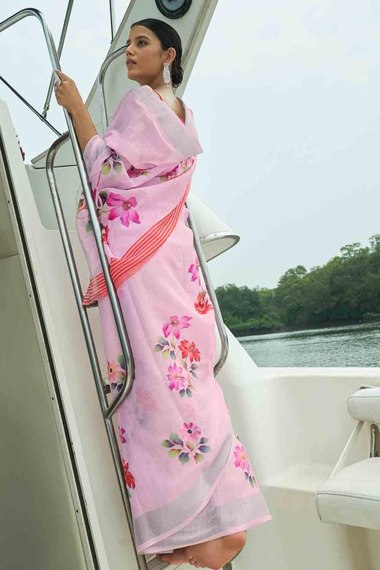 Lemonade Pink Digital Printed Cotton Linen Blend Saree