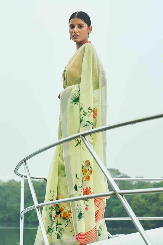 Lime Green Digital Printed Cotton Linen Blend Saree