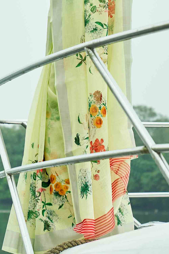 Lime Green Digital Printed Cotton Linen Blend Saree
