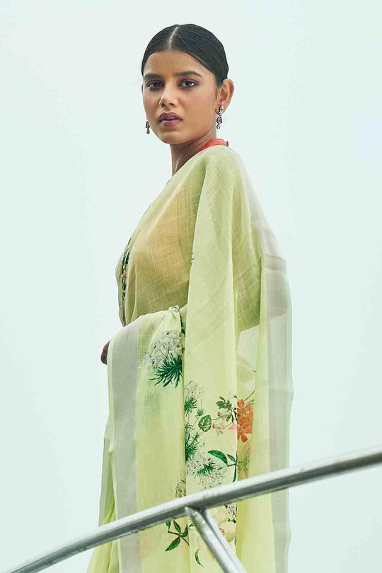 Lime Green Digital Printed Cotton Linen Blend Saree