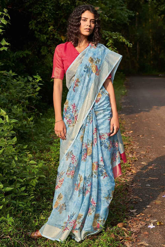 Cotton - Linen Saree Maya Blue Cotton - Linen Saree saree online