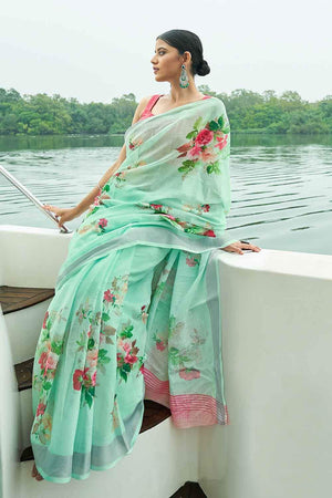 Mint Green Digital Printed Cotton Linen Blend Saree