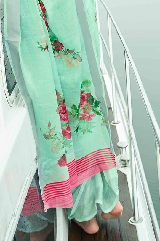 Cotton - Linen Saree Mint Green Digital Printed Cotton - Linen Saree saree online
