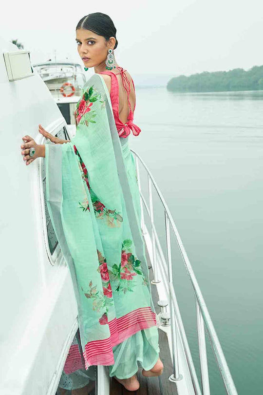 Mint Green Digital Printed Cotton Linen Blend Saree