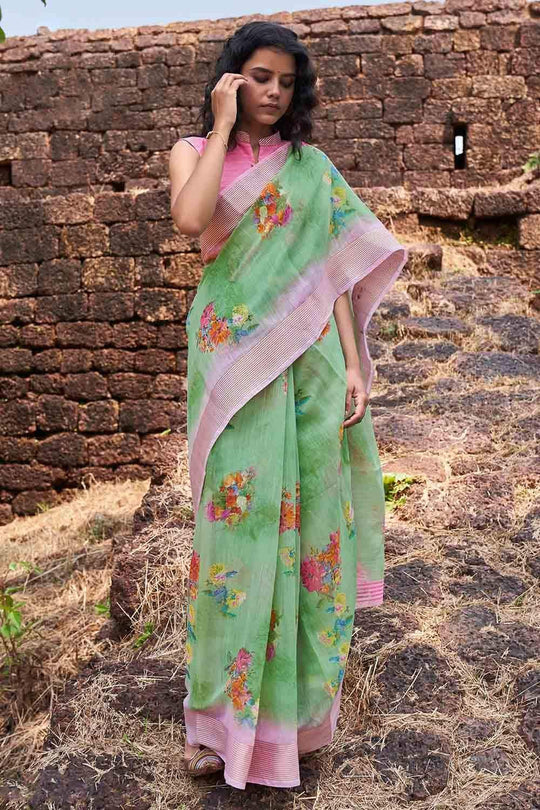Cotton - Linen Saree Moss Green Cotton - Linen Saree saree online