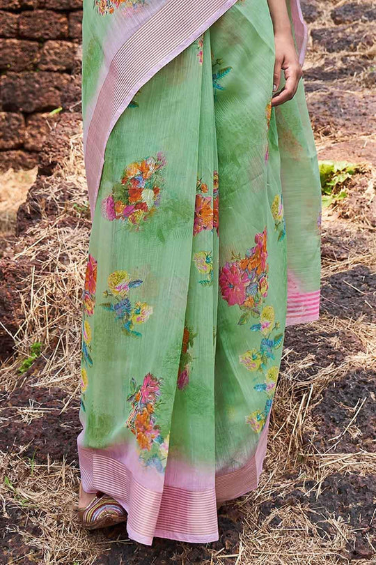Cotton - Linen Saree Moss Green Cotton - Linen Saree saree online