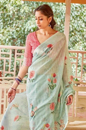 Moss Green Cotton Linen Blend Saree
