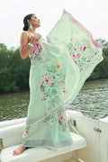 Cotton - Linen Saree Moss Green Digital Printed Cotton - Linen Saree saree online