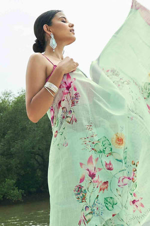 Moss Green Digital Printed Cotton Linen Blend Saree