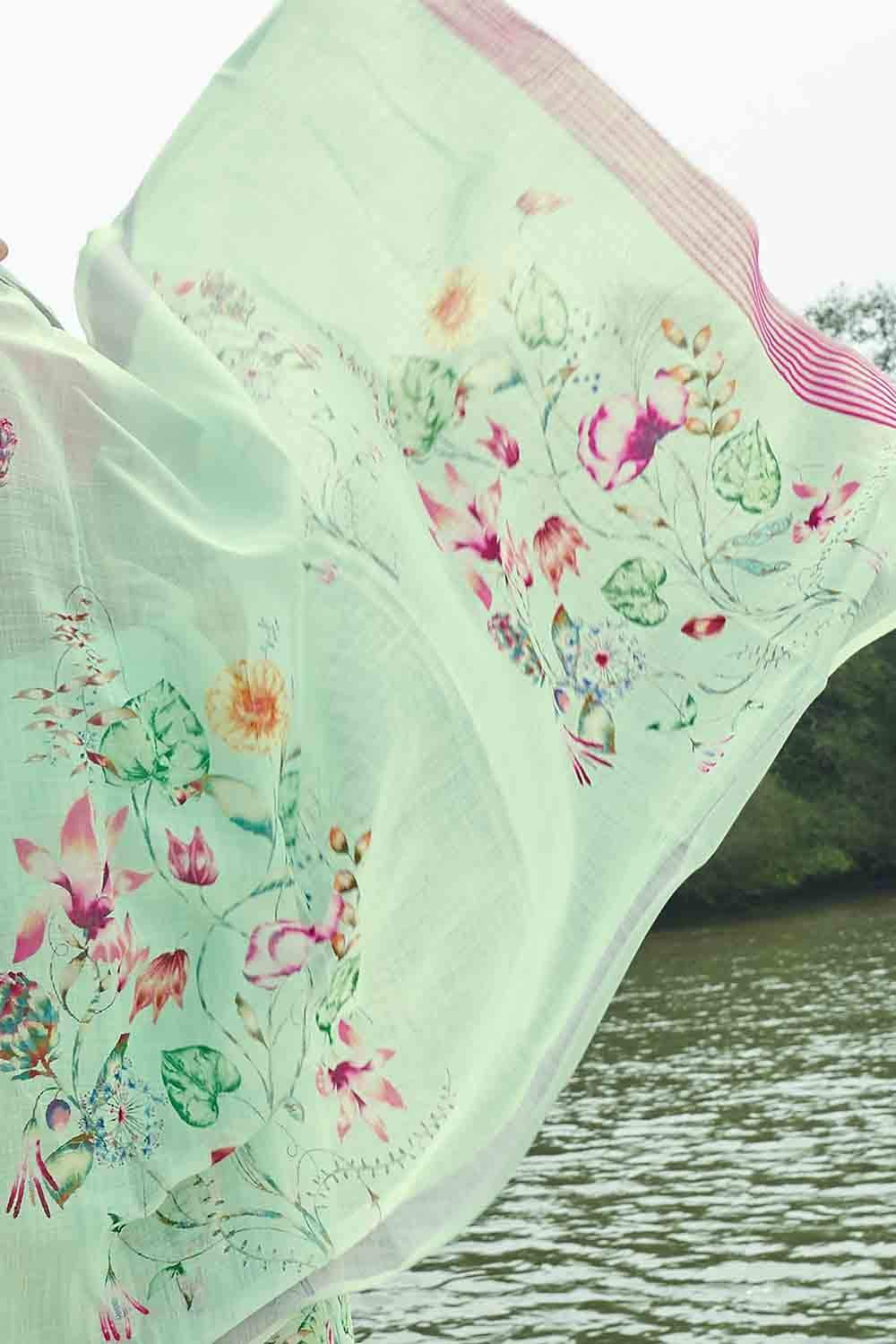 Cotton - Linen Saree Moss Green Digital Printed Cotton - Linen Saree saree online