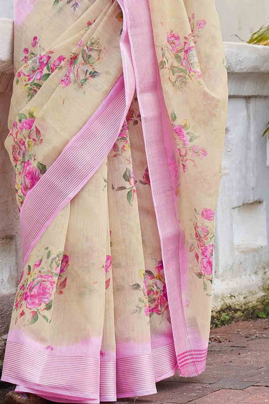 Off White Cotton Linen Blend Saree