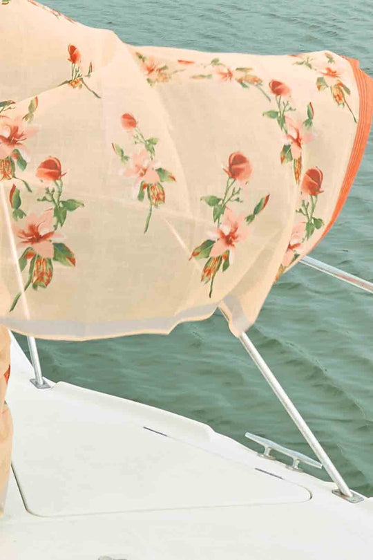 Orange Peach Digital Printed Cotton Linen Blend Saree