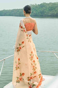 Cotton - Linen Saree Orange Peach Digital Printed Cotton - Linen Saree saree online