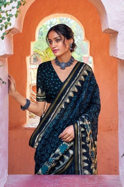 Cotton - Linen Saree Oxford Blue Zari Woven Cotton Linen Saree saree online