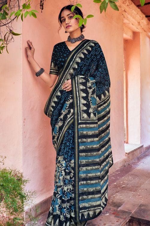 Cotton - Linen Saree Oxford Blue Zari Woven Cotton Linen Saree saree online