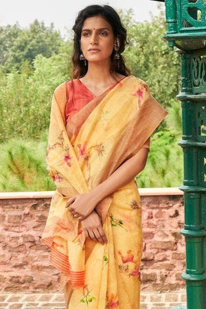 Pineapple Yellow Cotton Linen Blend Saree