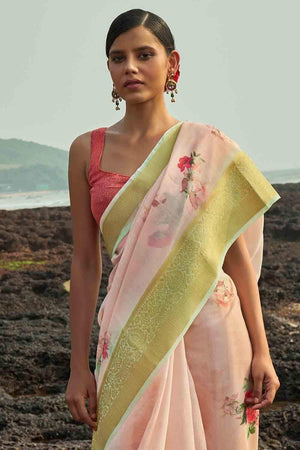 Pink Lace Cotton Linen Blend Saree