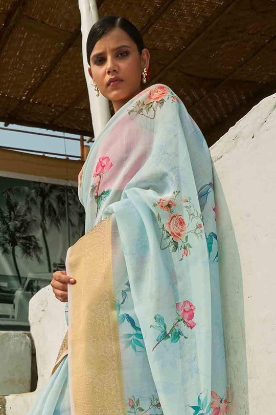 Powder Blue Cotton Linen Blend Saree