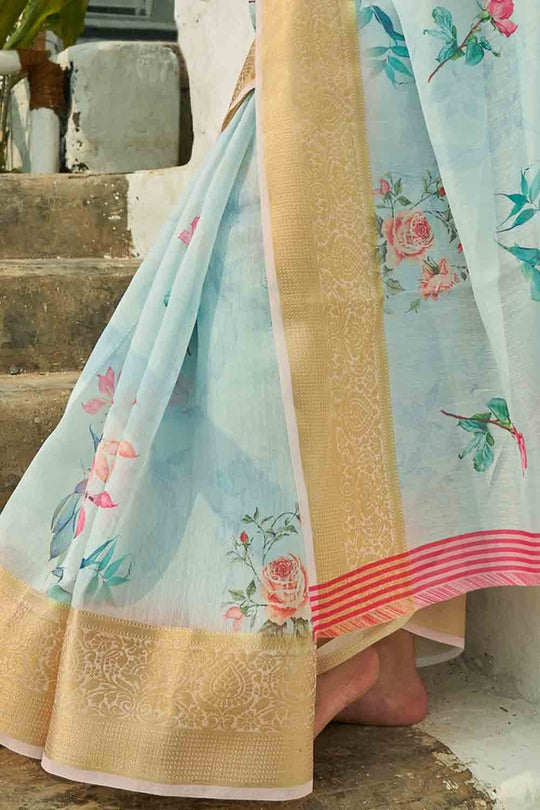 Powder Blue Cotton Linen Blend Saree