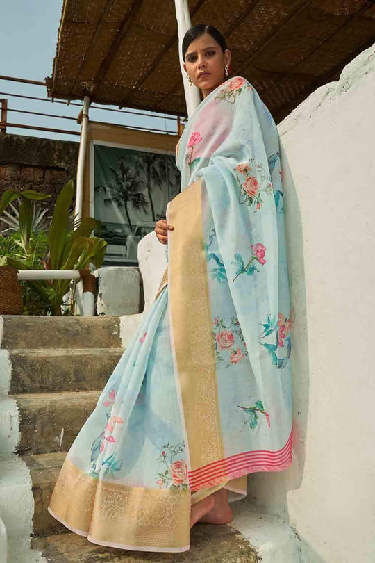 Powder Blue Cotton Linen Blend Saree