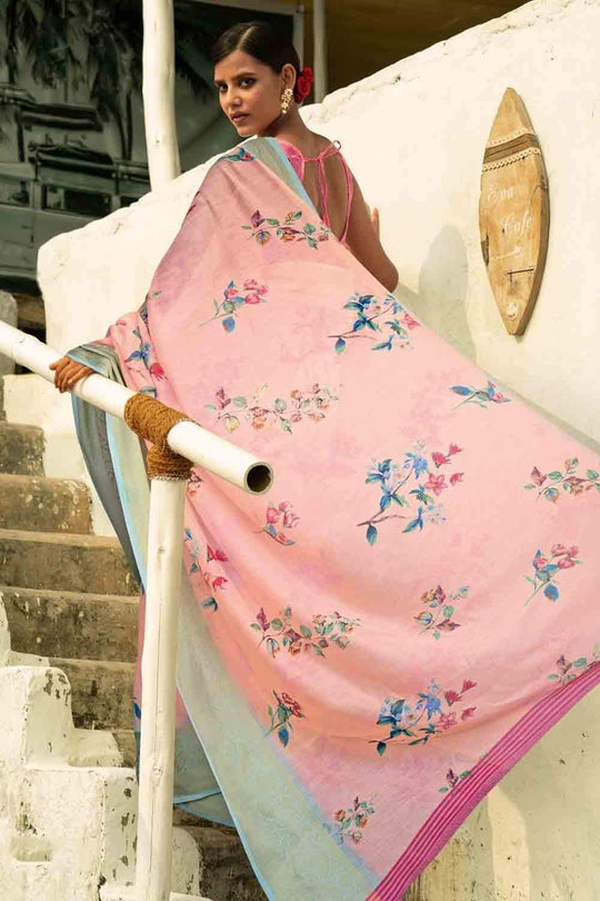 Powder Pink Cotton Linen Blend Saree