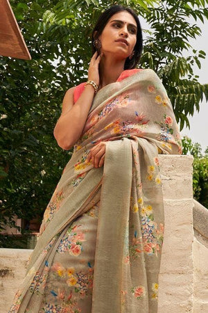Sage Green Cotton Linen Blend Saree