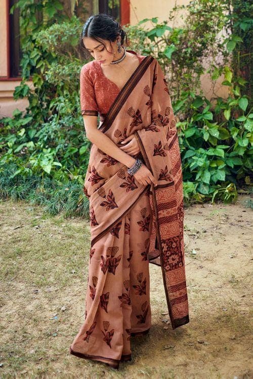 Cotton - Linen Saree Salmon Orange Zari Woven Cotton Linen Saree saree online