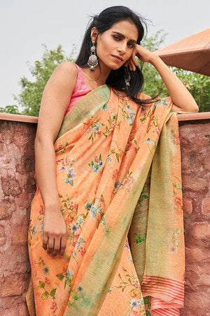 Sherbert Orange Cotton Linen Blend Saree