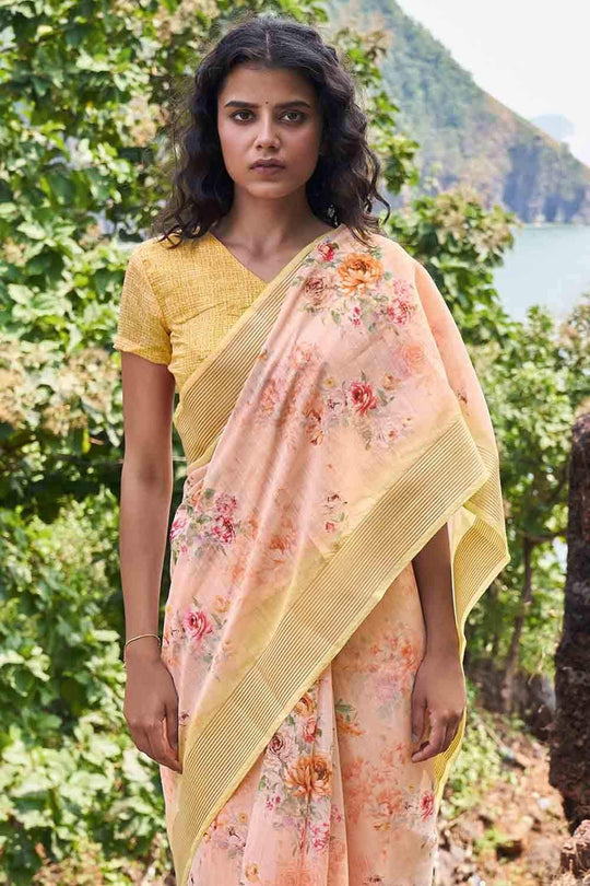 Soap Orange Cotton Linen Blend Saree