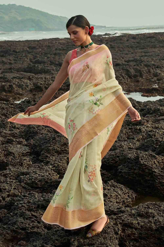 Soft Green Cotton Linen Blend Saree