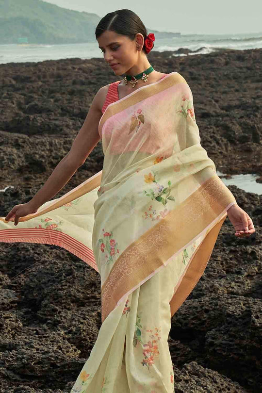 Soft Green Cotton Linen Blend Saree